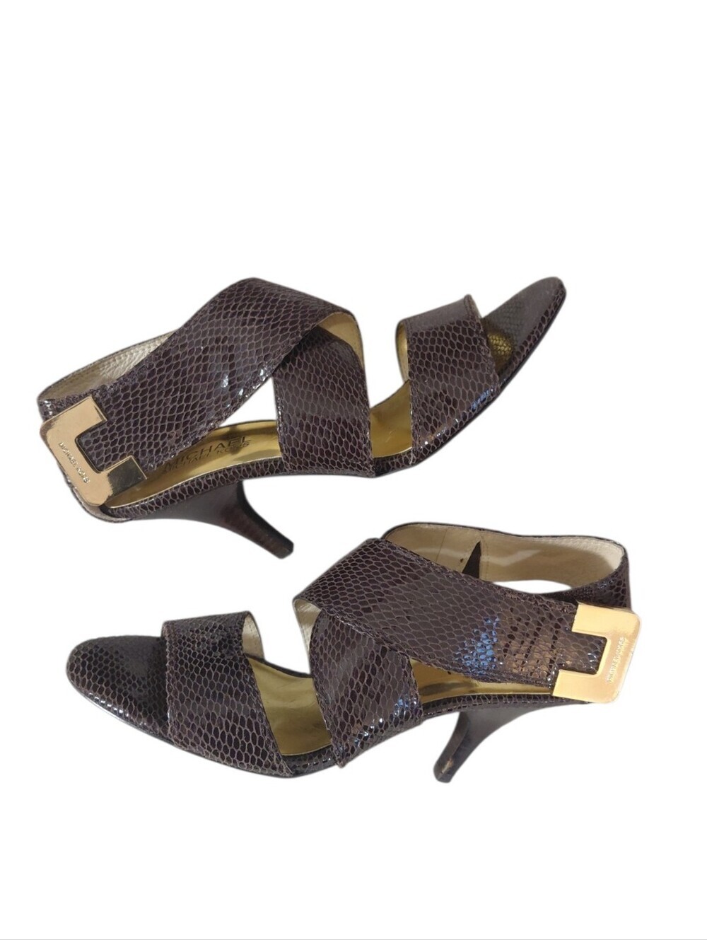Michael Kors Brown Snake-Embossed Leather Heeled Sandals with Gold Accent